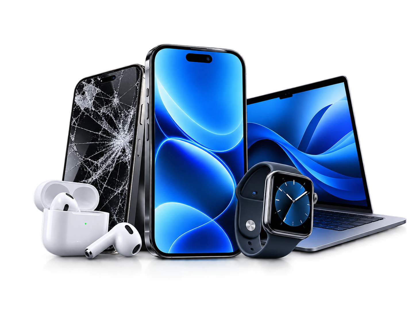 Cracked and intact phones, laptop, earbuds and smartwatch