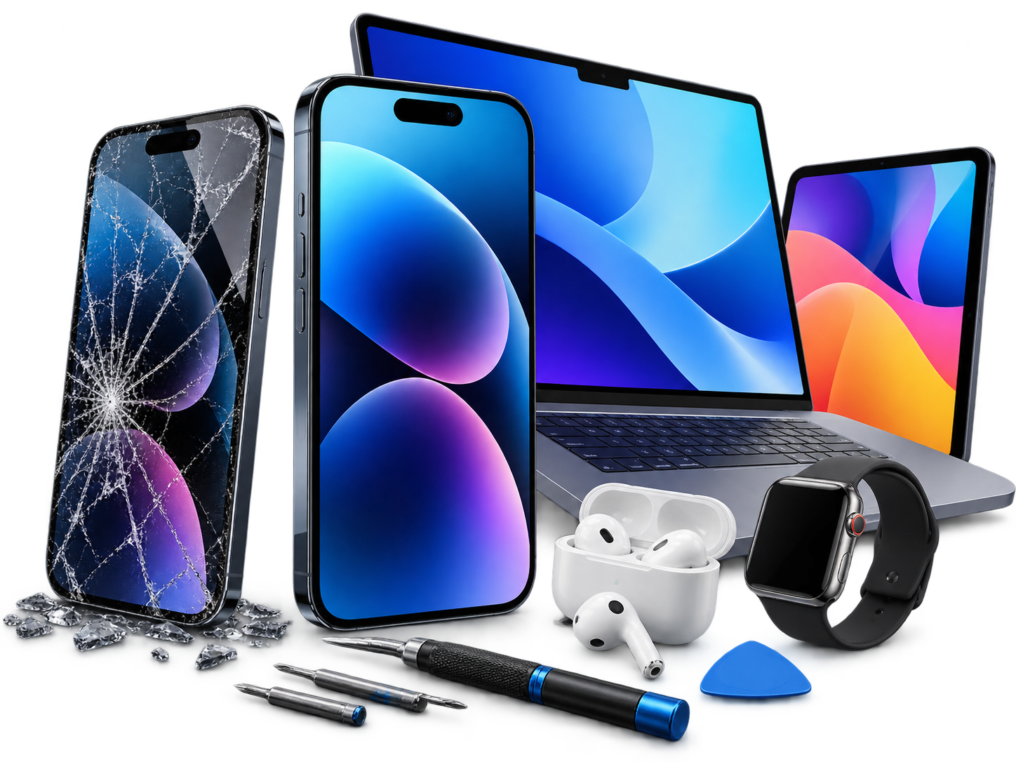Phones, laptop, tablet and repair tools